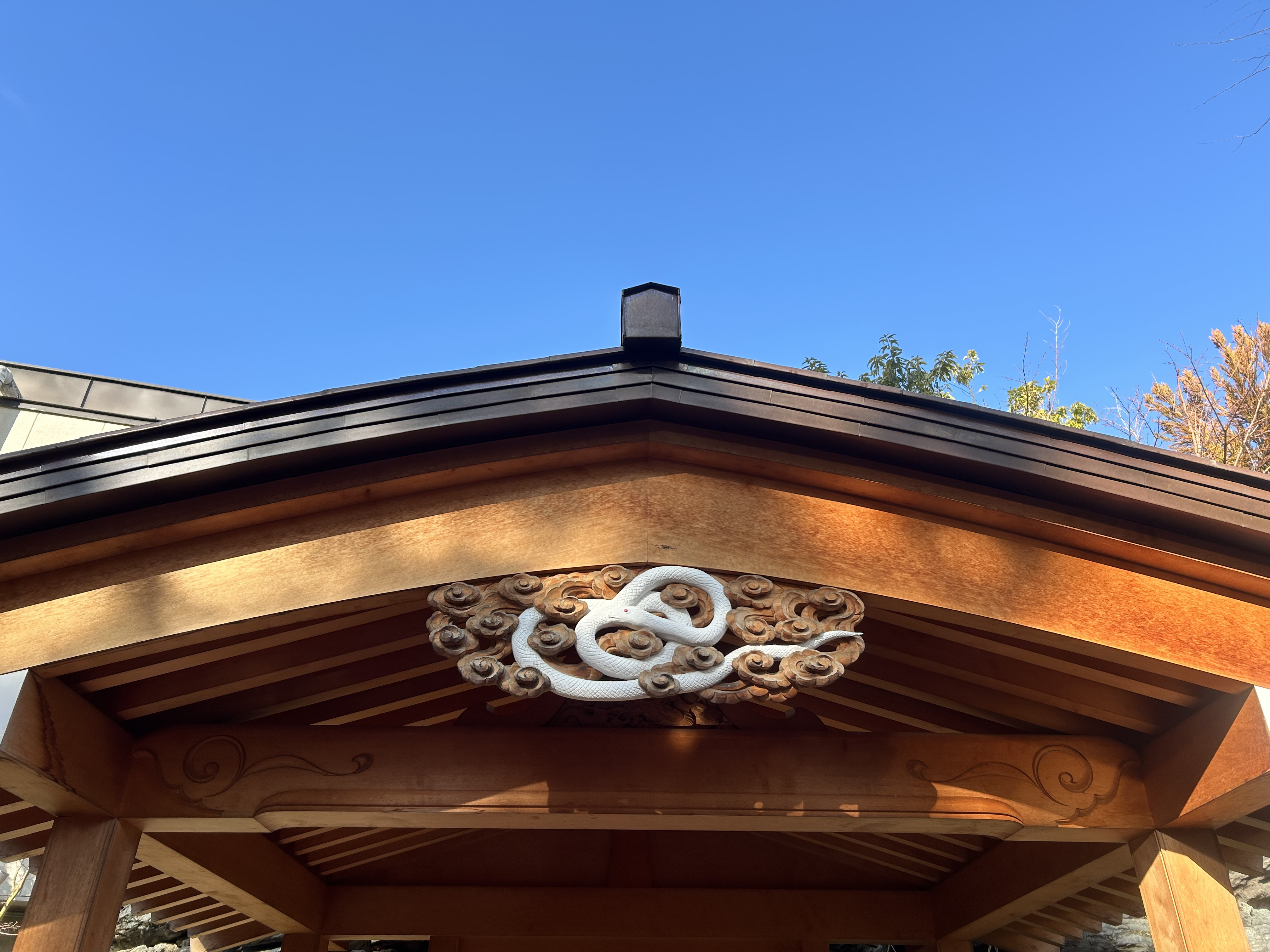 蛇窪神社の屋根の彫刻の白蛇