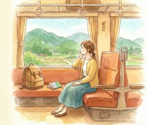 電車で旅する女性のイラスト
